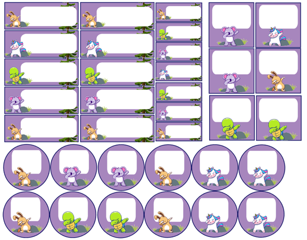 70 מדבקות שם - אנימל רקע סגול